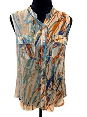 Gypsy 05 Silk Abstract Print Sleeveless Blouse Blue, Orange, Cream Size Small